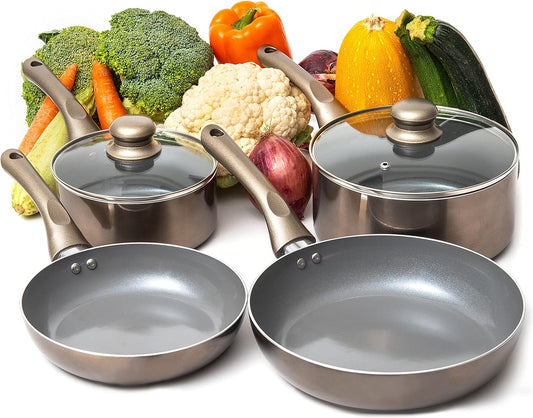 6 Pcs Dark Grey Nonstick Cookware Set, Pots and Pans Set Non Stick with Glass Lid, Induction Cookware, Stay-Cool Handle PTFE/PFOA Kitchen Pots 6-Piece with Frying Pans & Saucepan