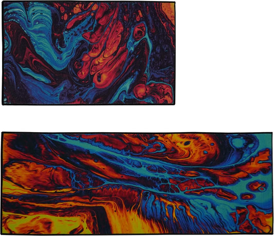 Artistic and Colorful Kitchen Rugs for Floor Non Slip Kitchen Rugs and Mats Kitchen Mat Set Farmhouse Kitchen - Lava Flow2 Art- 2 Pieces - 30"X17" + 47”X17